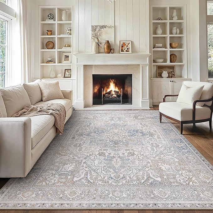 GENIMO 5x7 Area Rugs for Living Room, Machine Washable Rugs, Low Pile Non Slip Rug for Bedroom, Dining Room, Home Office, Khaki Blue