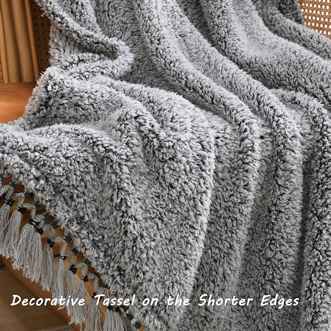 Ultra Soft Cozy Sherpa Throw Blanket, Light Weight Warm Decorative Throw Blanket with Tassel, 2 Tones Ombre Black Pattern Reversible Boho Style Blanket for Sofa, Couch, Bedroom,Travel, 50”x60”