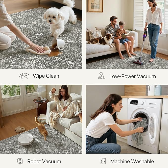 Bavni 2'6''x6 Rug Runners for Hallways, Washable Runner Rug Non Slip, Vintage Floral Print Style Rugs for Bedroom-Lightweight Low Pile Carpet for Hallways Bathroom, Gery
