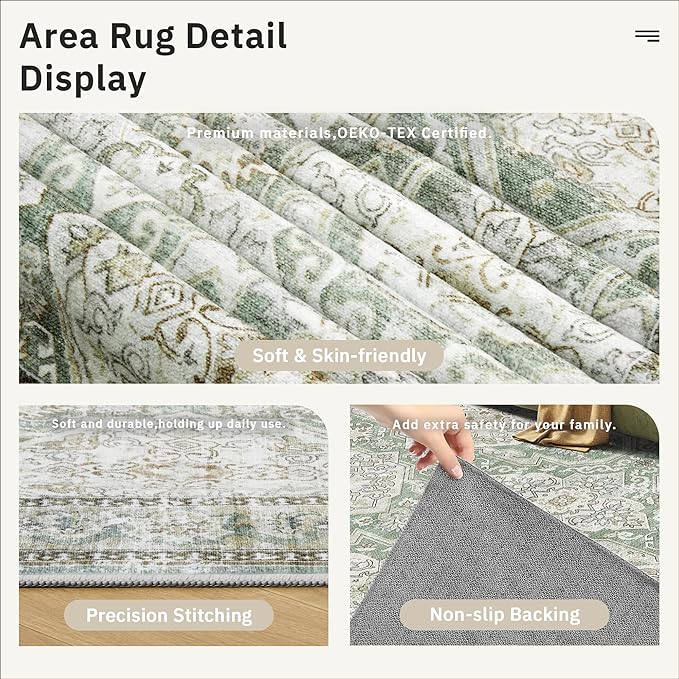 9x12 Area Rugs for Living Room, Non Slip Machine Washable Vintage Rugs, Low Pile Lightweight Large Rug for Bedroom, Dining Room, Home Office Green/Brown