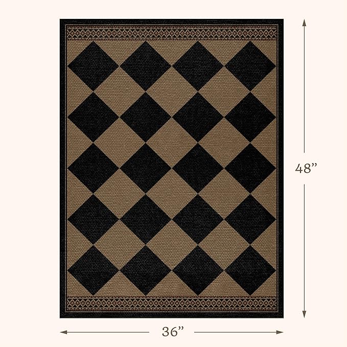 3x4 Checkered Outdoor Rug, Easy Jute Indoor Throw Rug for Entryway, Diamond Farmhouse Front Porch Rug, Boho Washable Non Slip Scandinavian Brown Black Mat for Kitchen, Patio, Bedroom, Backyard