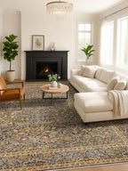 Vintage Floral Living Room Rug 8x10, Gold Brown Washable Area Rugs for Bedroom, Dining Room Under Kitchen Table, Oriental Low Pile Non-Slip Large Indoor Carpet with Taupe Yellow Earthy Tones