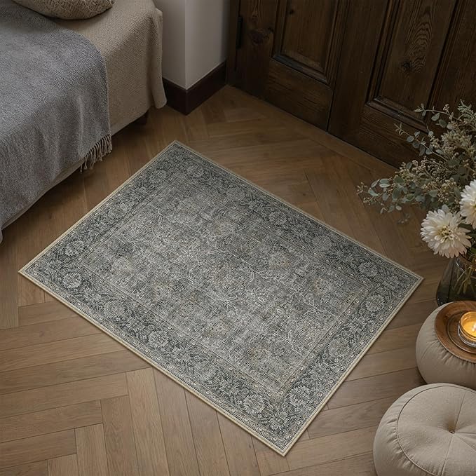 Grey Brown Entryway Rug 2x3 Vintage Area Carpet Indoor Kitchen Washable Door Mat Living Room Entrance Small Low Pile Traditional Distressed Retro Accent Throw Rug Non Slip Office Bathroom