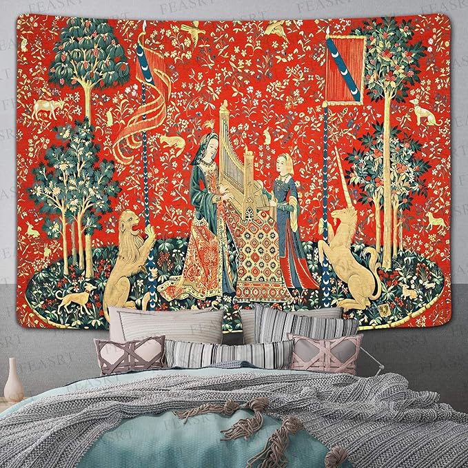 FEASRT Medieval French Art Tapestry - Maiden and Unicorn - European Royal Princess - Wall Hanging for 80x60 inch Bedroom & Living Room Decor
