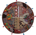 Round Ethnic Floor Cushions for Kids Dark Brown 32 Inch Patchwork Yoga Ottoman Stool Home Decor Embroidered Vintage Cotton Indian Floor Pillow Bed 32x32