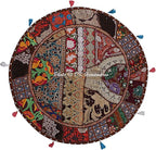 Round Ethnic Floor Cushions for Kids Dark Brown 32 Inch Patchwork Yoga Ottoman Stool Home Decor Embroidered Vintage Cotton Indian Floor Pillow Bed 32x32