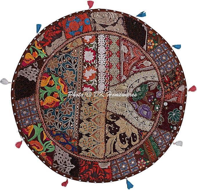 Round Ethnic Floor Cushions for Kids Dark Brown 32 Inch Patchwork Yoga Ottoman Stool Home Decor Embroidered Vintage Cotton Indian Floor Pillow Bed 32x32