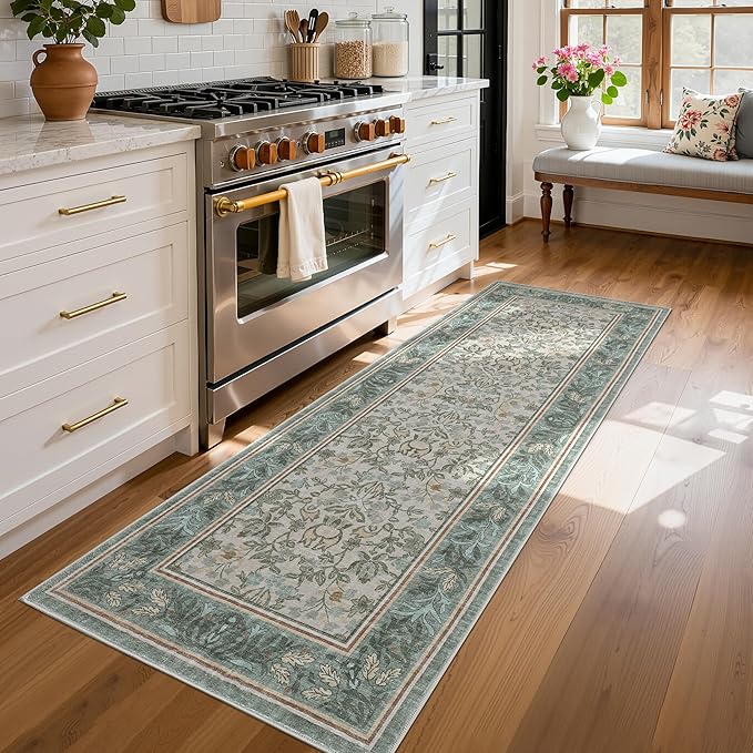 GarveeHome Runner Rugs 2x6 Kitchen Runner Rug Non Slip Washable Runners for Hallways, Boho Vintage Rugs with Rubber Backing Low-Pile Indoor Carpet for Entryway Bedroom Sage Green