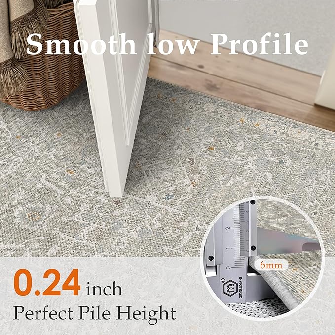 HUGEAR Area Rug 5x7 Retro Grey Machine Washable Living Room Rugs Distressed Vintage Floral Vacuumable Low Pile Carpet Bedroom Office Dining Room Laundry Room Non Slip Soft Lightweight