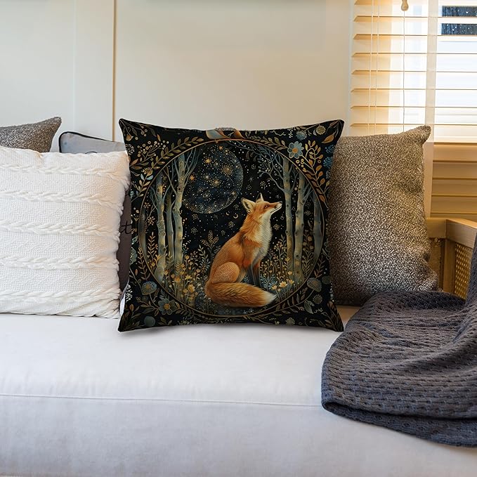 Vintage Dark William Morris Fox Floral Print Pillow Covers 18x18,Cottagecore Fox Decor,Dark Dcademia Animal Floral Decorative Throw Pillow Covers for Home Bedroom Living Room