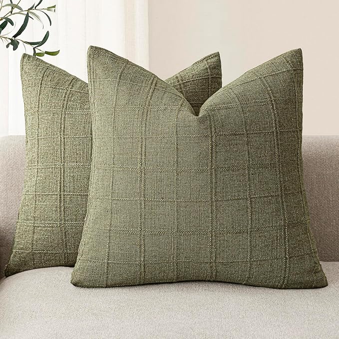 Foindtower Set of 2 Decorative Linen Check Throw Pillow Covers Neutral Farmhouse Vintage Cushion Covers Modern Boho Home Decor for Sofa Chair Couch Bedroom Living Room,24×24 Inch,Sage Green