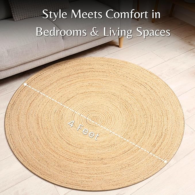 Ramanta Home Hand Woven Jute Braided Rug 4' Round - Natural, Farmhouse Accent Circle Reversible Rugs for Kitchen, Nursery, Kids Room, Boho Floor Carpet for Living Room, Patio - 4 Feet Round