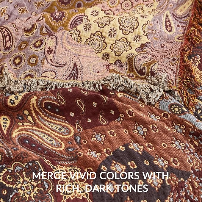 Boho Throw Blanket for Couch Sofa Bed, 100% Cotton Woven Quilt with Tassel 80”x90”, Super Soft Muslin Blanket with Patchwork Printed, Decorative Reversible Bed Blanket/Cover for All Seasons