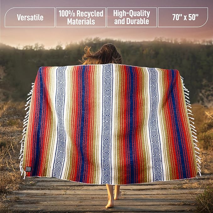 Hydration Nation Authentic Large Handwoven Mexican Striped Throw Blanket - Soft, Durable, Eco-Friendly - 70"x50" – Sunrise
