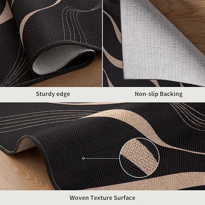 Tangsoo Easy Jute 2x3 Rug for Entry,Washable Thin Outdoor Rug Non-Slip Black Wavy Lines Indoor Mat Small Throw Carpet for Kitchen Bedroom Front Porch Doorway Entrance