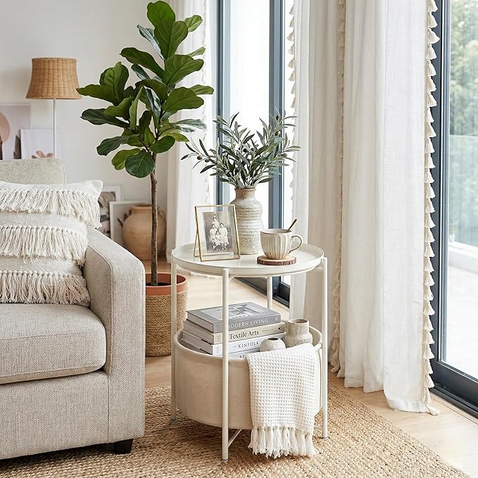 danpinera Round Side Table with Fabric Storage Basket, Metal Side Table Small Bedside Nightstand with Removable Tray Top for Living Room, Bedroom, Nursery, Laundry, White