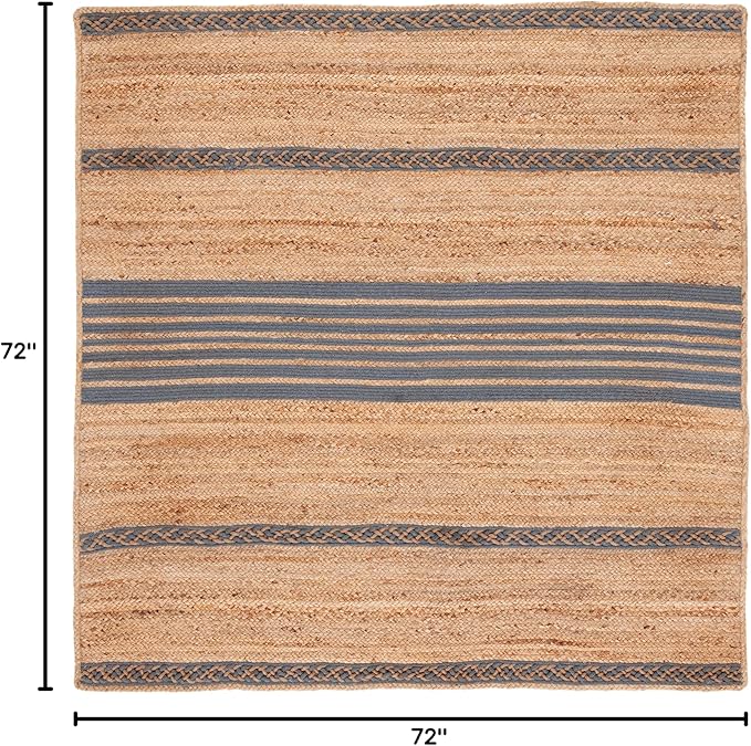 SAFAVIEH Natural Fiber Collection Area Rug - 6' Square, Natural & Grey, Handmade Stripe Boho Farmhouse Rustic Braided Jute, Ideal for High Traffic Areas in Living Room, Bedroom (NFB262F)
