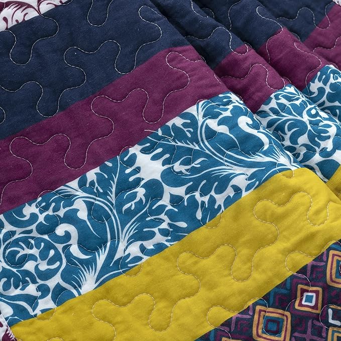 Lush Decor Boho Stripe Reversible Cotton Throw Blanket, 50" W x 60" L, Plum & Yellow - Striped Throw Blankets for Bed - Couch Blanket - Boho Throw Blanket for Couch