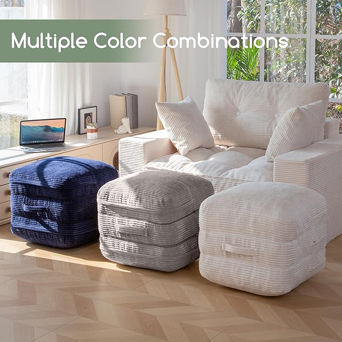 HIGOGOGO Pouf Ottoman Stuffed Square Modern Foam Filled Foot Rest Poufs 20 X 18 Inches Modular Ottomans Separated Into Floor Cushions for Living Room Chair Decorative Stool, Beige