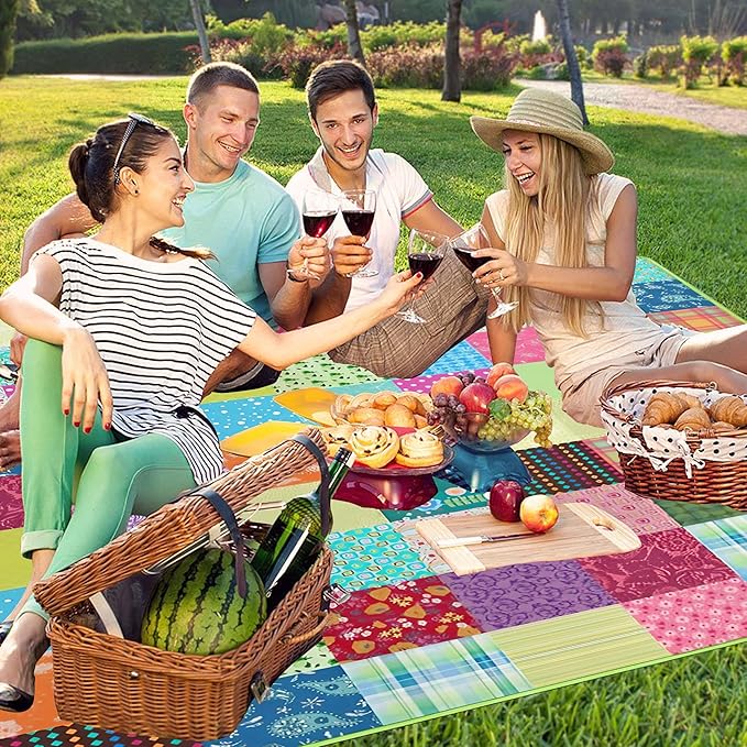 Extra Large Picnic Blankets Waterproof Foldable (80"x 80") Boho Beach Blanket Waterproof Sandproof,3-Layer Thicking Mat Outdoor Packable Camping Blanket