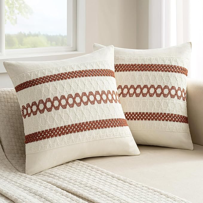 MIULEE Set of 2 Rust Decorative Pillow Covers 18x18 Inch Farmhouse Rustic Boho Couch Throw Pillows Modern Cotton Cushion Covers Retro Cute Macrame Woven Home Decor for Bed Sofa Chair