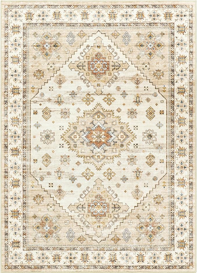 Washable Rugs 8x10, Ultra-Thin Non-Slip 8x10 Area Rugs for Living Room, Soft Vintage Large Area Rug, Foldable Farmhouse Bedroom, Dining Room Rug (Light Brown/Beige, 8'x10')