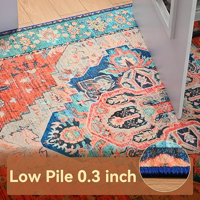 YJ.GWL Area Rugs for Living Room 9x12 Machine Washable Rugs, Non Slip Floral Vintage Rug Indoor Carpet, Stain Resistant Large Rug for Bedroom Dining Room, Red Blue Gradient Color