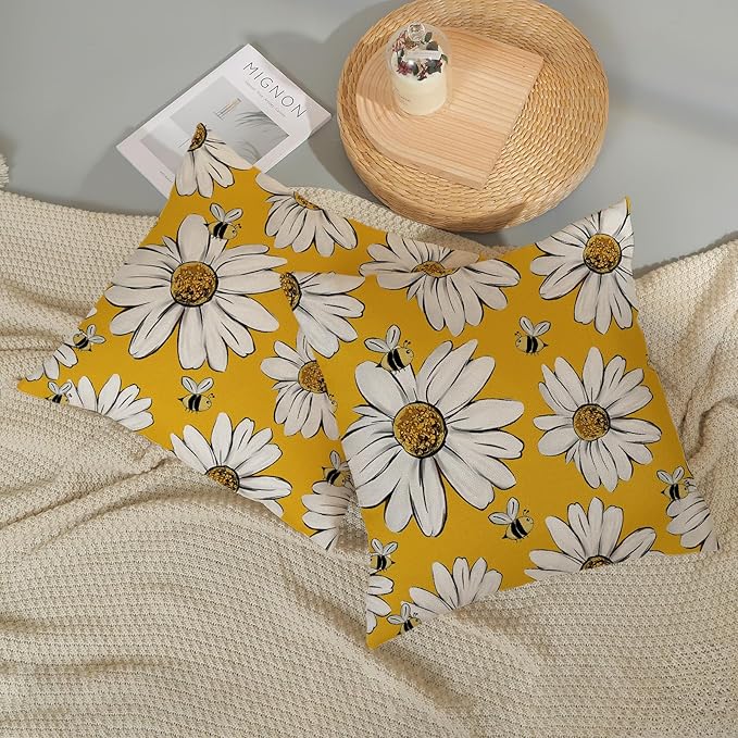 Summer Pillow Covers 18x18 Inch Set of 2 Yellow Daisy Sunflowers Floral Bee Pillow Covers Spring Outdoor Pillow Cases Linen Farmhouse Seasonal Cushion Covers Decor for Living Room Bedroom