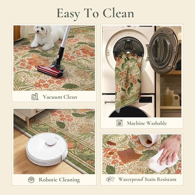 Bavni 5x7 Area Rugs for Living Room, Microfiber Machine Washable Non-Slip Vintage Floral Rug, Low Pile Lightweight Carpet for Bedroom, Dining Room, Home Office, Sage Green & Burnt Orange