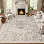 Area Rugs 10x14 Living Room Rug: Washable Rug Soft Vintage Distressed Floral Carpet Indoor Non-Slip Stain Resistant Large Carpets for Bedroom Dining Room Farmhouse Nursery Home Office Brown Beige