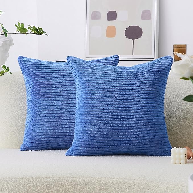 Home Brilliant Throw Pillow Covers Decorative Soft Velvet Corduroy Striped Set of 2 Square Cushion Cover for Couch Bench, 18 x 18 inch, Blue