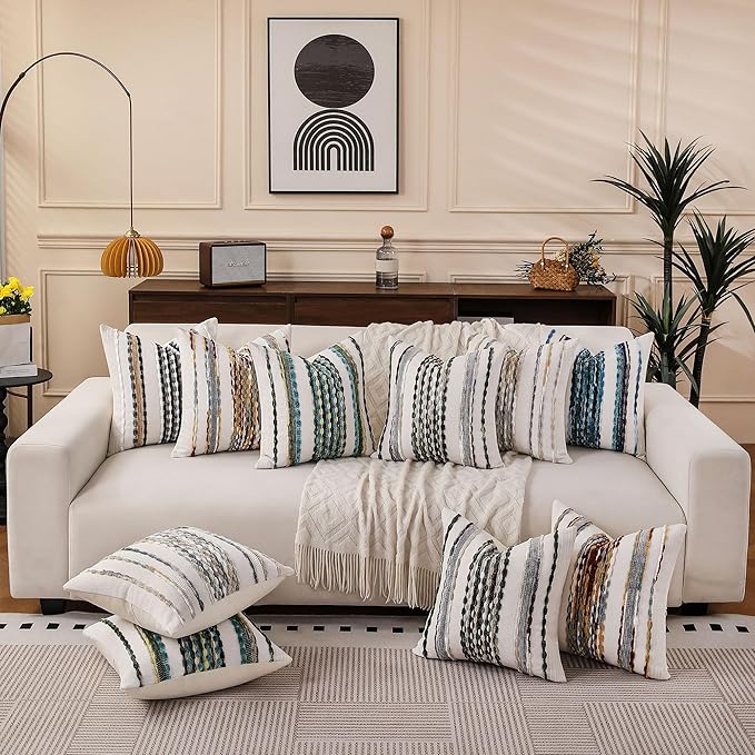 Boho Striped Throw Pillow Covers 18x18 Inch Set of 2 Farmhouse Square Decorative Pillow Covers Chenille Tufted Accent Neutral Pillowcase Blue Cushion Cover for Living Room Couch Sofa Bed
