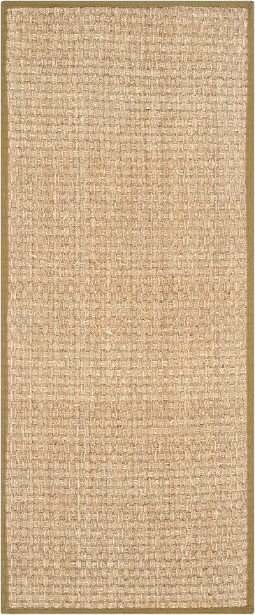 SAFAVIEH Natural Fiber Collection Runner Rug - 2'6" x 12', Natural & Olive Green, Seagrass, Basketweave Pattern with Border (NF114G)