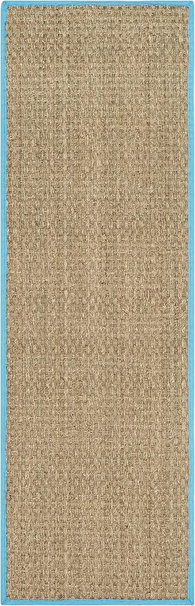 SAFAVIEH Natural Fiber Collection Runner Rug - 2'6" x 6', Natural & Turquoise, Seagrass, Basketweave Pattern with Border (NF114S)