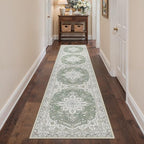 GENIMO 2X10 Washable Vintage Runner Rug for Hallway, Non-Slip Low Pile Chenille Print Rug, Soft Rugs for Indoor Entryway Kitchen Corridor, Sage & Linen