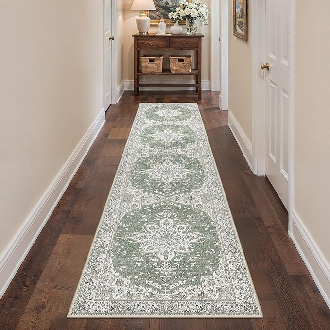 GENIMO 2X10 Washable Vintage Runner Rug for Hallway, Non-Slip Low Pile Chenille Print Rug, Soft Rugs for Indoor Entryway Kitchen Corridor, Sage & Linen