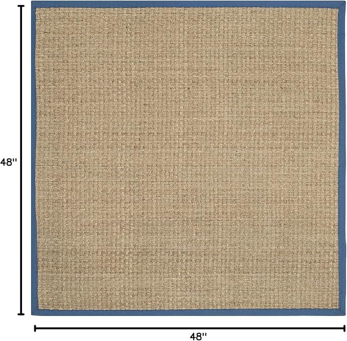 SAFAVIEH Area Rug 4' Square - Natural Fiber Collection - Natural & Navy, Seagrass, Basketweave Pattern with Border (NF114T)