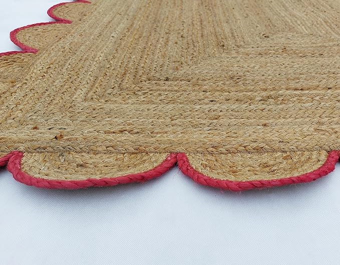 Scalloped Natural Jute Area Rug, Pink Trim, 5'x7'