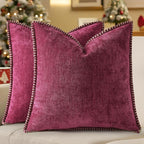 decorUhome Chenille Soft Cozy Throw Pillow Covers 22x22 Set of 2, Modern Farmhouse Boho Velvet Decorative Euro Sham Pillow Cases with Stitched Edge for Couch Sofa Bed Home Decor, Rhododendron