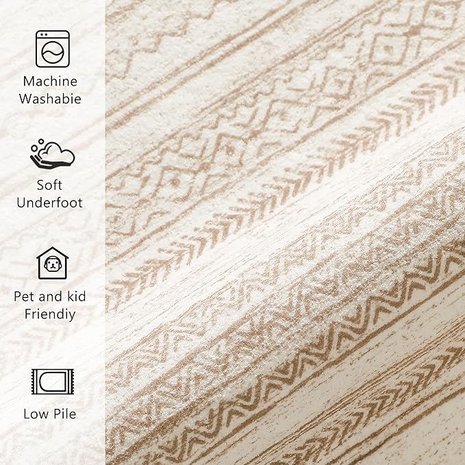 Boho Area Rug 6x9 Beige Living Room Large Office Modern Neutral Kitchen Taupe Washable Indoor Accent Low Pile Geometric Carpet Distressed Throw Rug Bedroom Dining Room