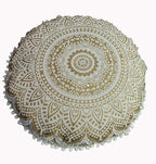 CRAFT KALA Mandala Floor Pillow Cushion Cover Seating Throw Cover Hippie Decorative Bohemian Ottoman Poufs Pom Pom Pillow Cases Boho Indian Cotton Living Room Home Décor 24" Round White Gold Ombre
