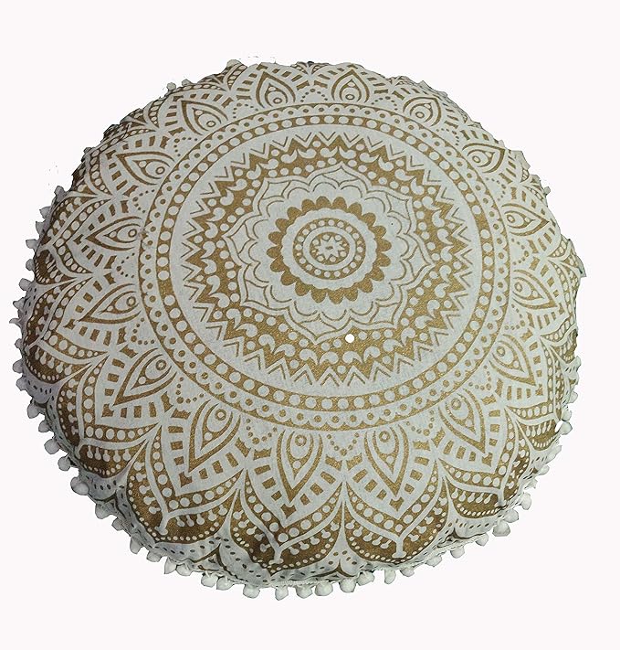 CRAFT KALA Mandala Floor Pillow Cushion Cover Seating Throw Cover Hippie Decorative Bohemian Ottoman Poufs Pom Pom Pillow Cases Boho Indian Cotton Living Room Home Décor 24" Round White Gold Ombre