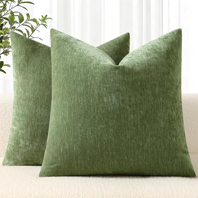 decorUhome Chenille Olive Green Spring Euro Sham Throw Pillow Covers 26x26 Inch Set of 2, Decorative Soft Couch Pillow Covers Solid Dyed Accent Farmhouse Neutral Square Pillow Cases for Sofa