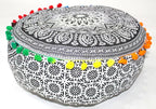 INDIAN CRAFT CASTLE ICC Mandala Barmeri Large Floor Pillow Cover Cushion Meditation Seating Ottoman Throw Cover Hippie Decorative Zipped Bohemian Pouf Ottoman Cases Black Elephant 18" Round