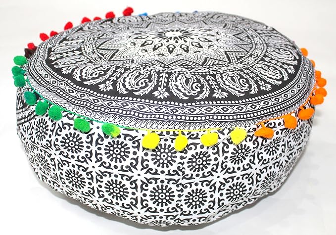 INDIAN CRAFT CASTLE ICC Mandala Barmeri Large Floor Pillow Cover Cushion Meditation Seating Ottoman Throw Cover Hippie Decorative Zipped Bohemian Pouf Ottoman Cases Black Elephant 18" Round