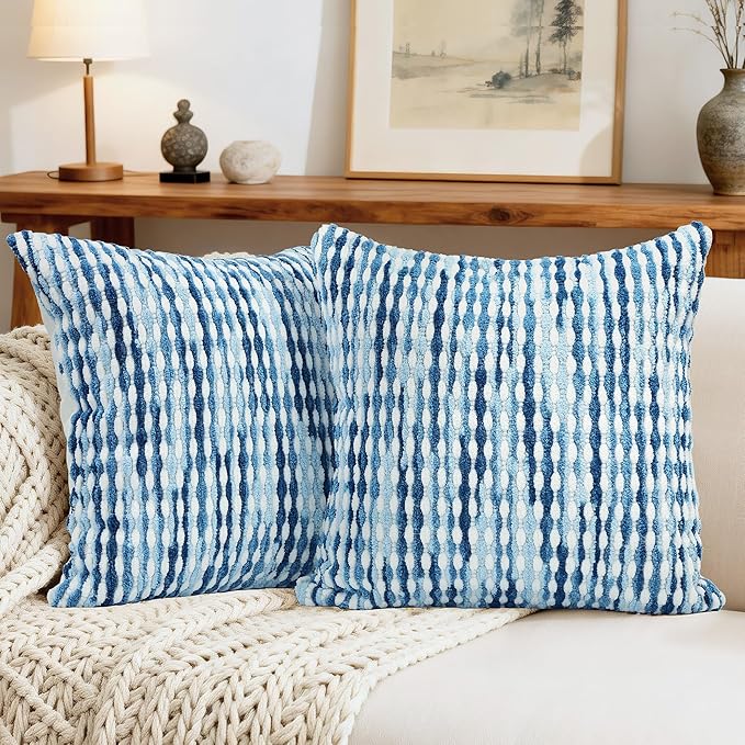 Boho Decorative Throw Pillow Covers 18x18 Inch, Chenille Tufted Pillow Cover Striped Textured Square Farmhouse Accent Pillowcase for Couch Sofa Bedroom Living Room, Blue White Stripe, 2 Pack