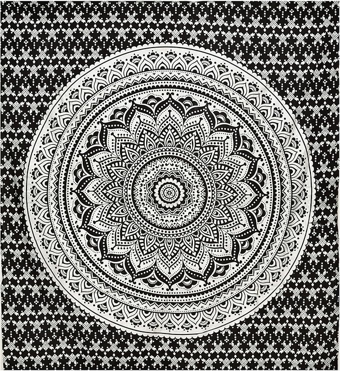 ANJANIYA Ombre Wall Hanging Bohemian Tapestry, Metallic Wall Art Bedspread, Psychedelic Hippie Mandala Dorm Décor for Hanging, Bedding, Beach Coverlet Curtain, Black Silver, 54"X60"
