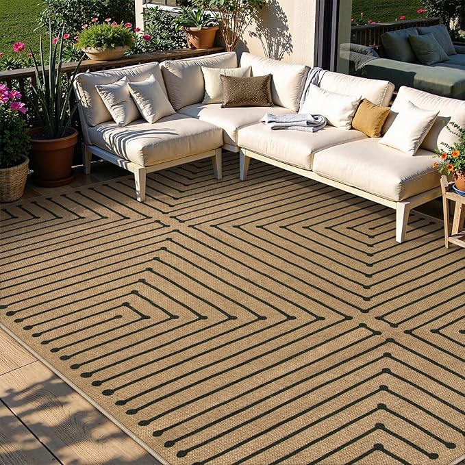 Lahome Neutral Geometric Washable Rugs 8x10, Farmhouse Living Room Outdoor Patio Rug, Nature Rhombus Non Slip Non Shedding Indoor Outdoor Carpet for Backyard Deck Office Classroom Decor