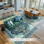 Area Rugs 10'x12' Washable Non-Slip, Floral Vintage Distress Print Pattern Medallion Carpet for Living Room Bedroom Dining Room, Teal Green Lake Blue Turquoise