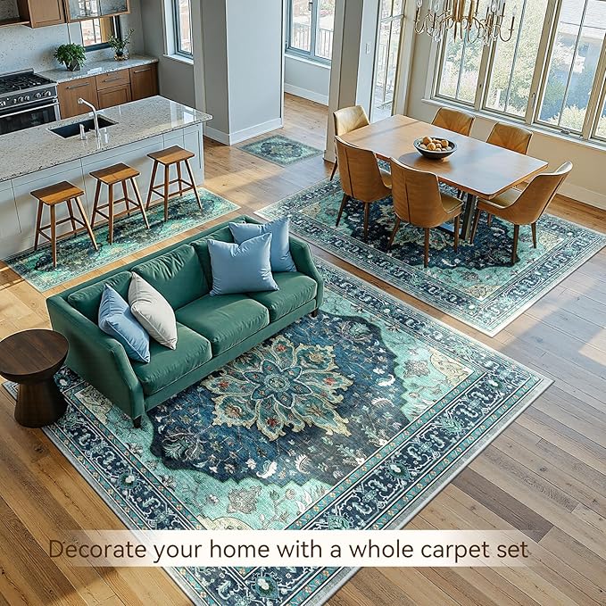 Area Rugs 10'x12' Washable Non-Slip, Floral Vintage Distress Print Pattern Medallion Carpet for Living Room Bedroom Dining Room, Teal Green Lake Blue Turquoise